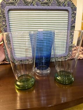 Set of 3  Anthropologie Colored Base Drinking Glasses - Green & Blue Bases